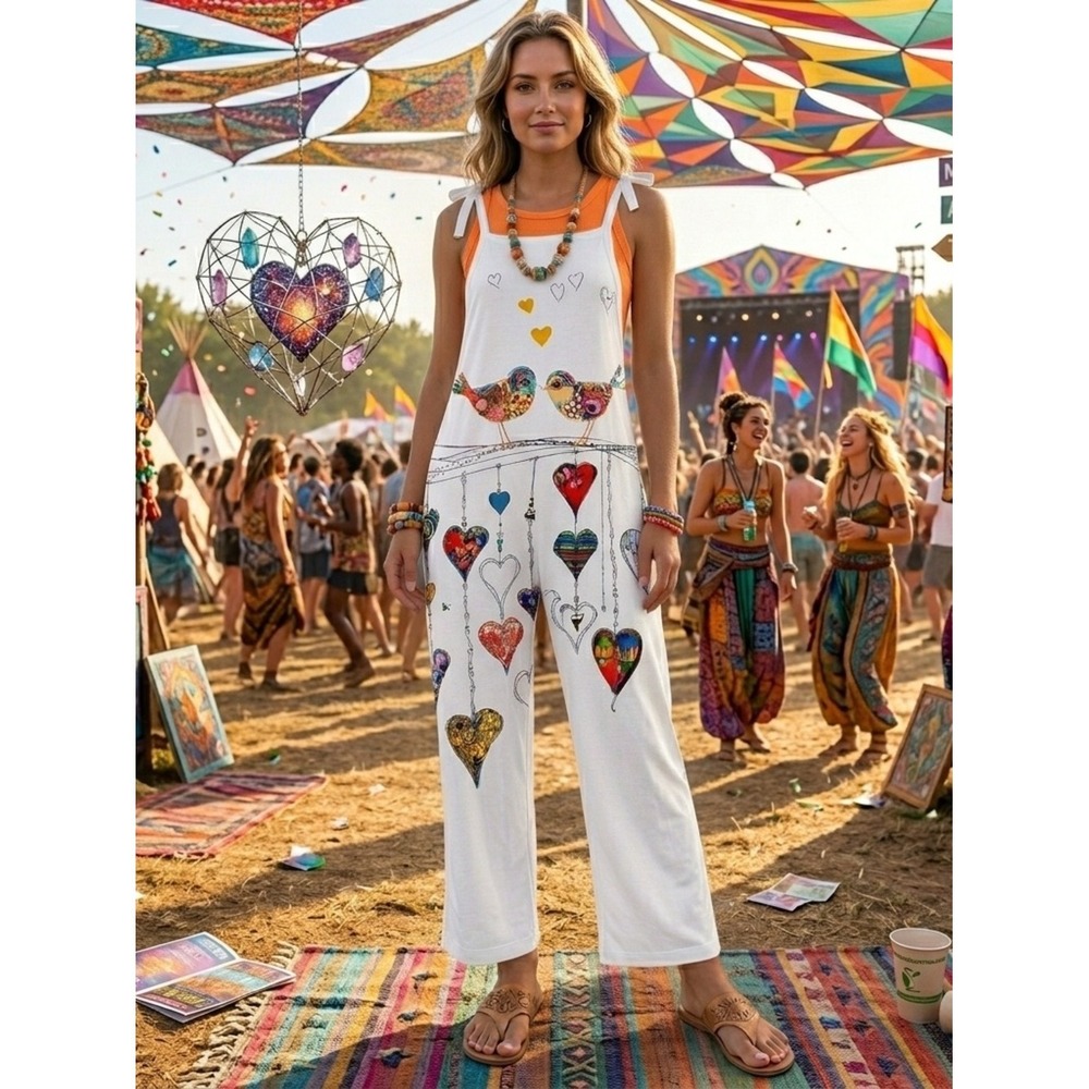 Boho Bird Heart Graphic Bib Overalls Jumpsuit White XXL Festival Wide Leg Romper